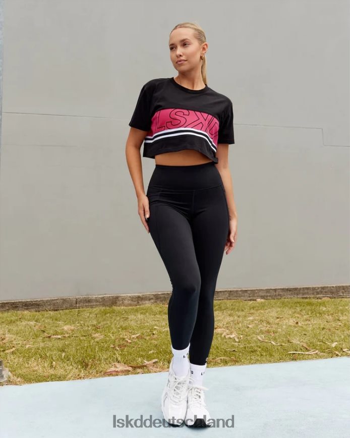 Frauen LSKD Kurzes Line-Up-T-Shirt – Schwarz-Boysenberry Bekleidung VD2NLV292